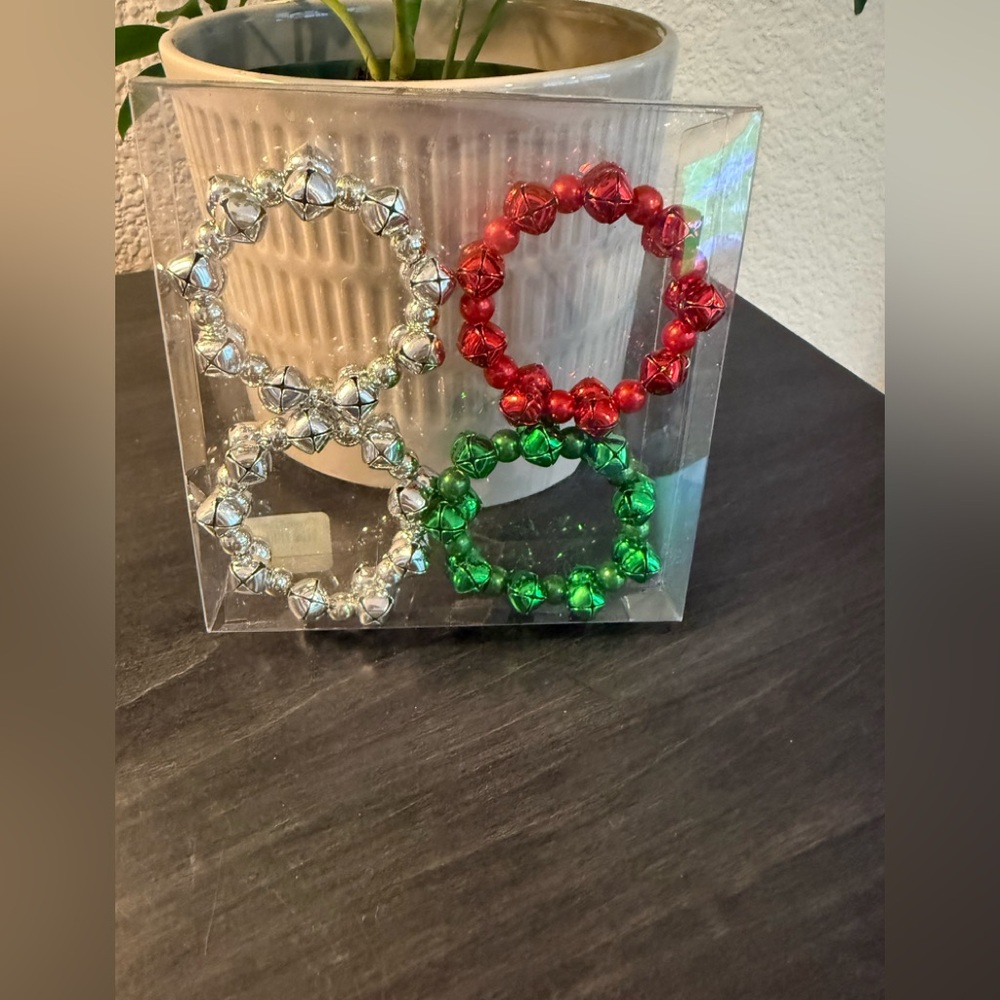 NEW Crate&Barrel Silver, Red, and Green Jingle Bell Napkin Rings
